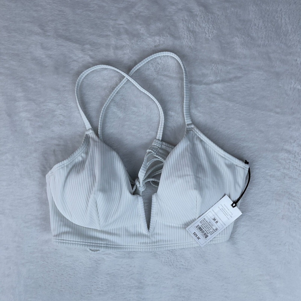 Shade & Shore Bikini Top Women's 36B White Ribbed Longline V-Wire Removable Pads
